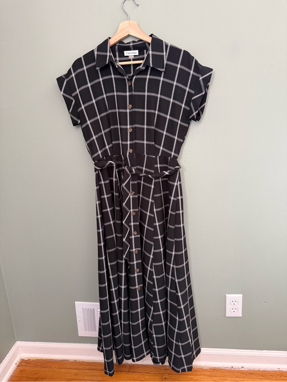 Calvin Klein Black and White Plaid Button-Front Maxi Dress